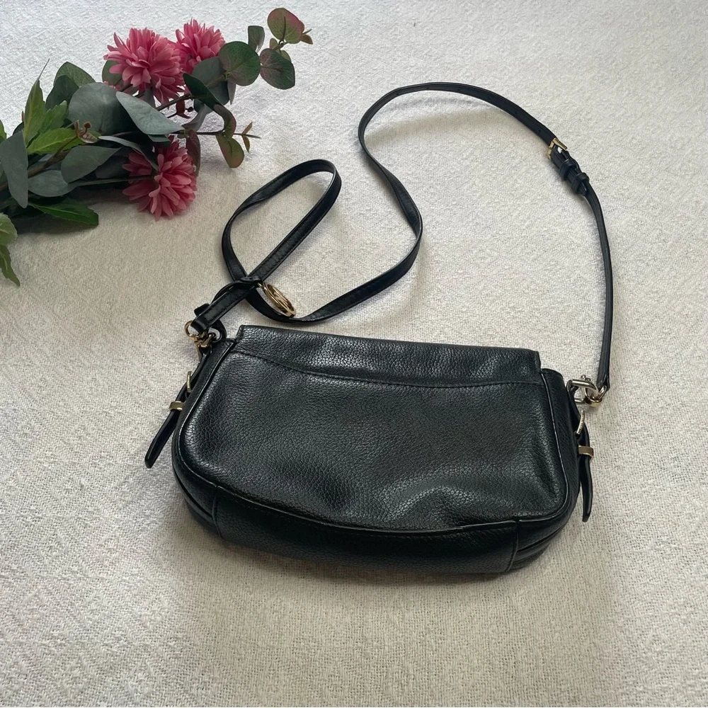 Michael Kors Black Leather‎ Crossbody with Gold MK Charm~ Classic Must Have